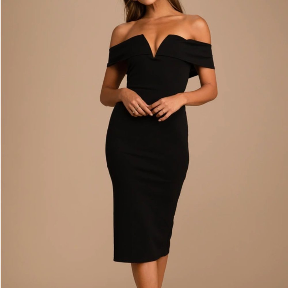NWT Lulu's Black Off-the-Shoulder Bodycon Midi Dress